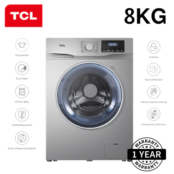 TCL 8KG FRONT LOAD WASHING MACHINE , Digital Display, 1000RPM, Memory Backup, Magic Filter F608FLS